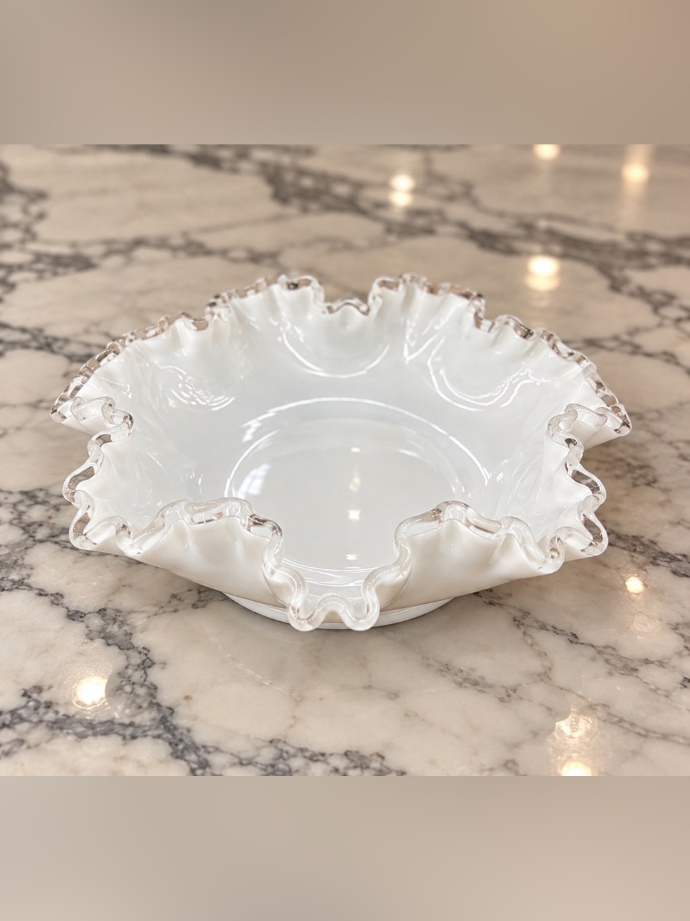 Vintage Fenton White Milk Glass Bowl with Silver Crest & Flat Base, 11.5" MCM